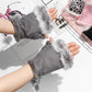 Gray gloves with fur trim worn on hands against a light background