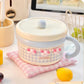 Cute blue ramen bowl with kawaii design on a checkered cushion