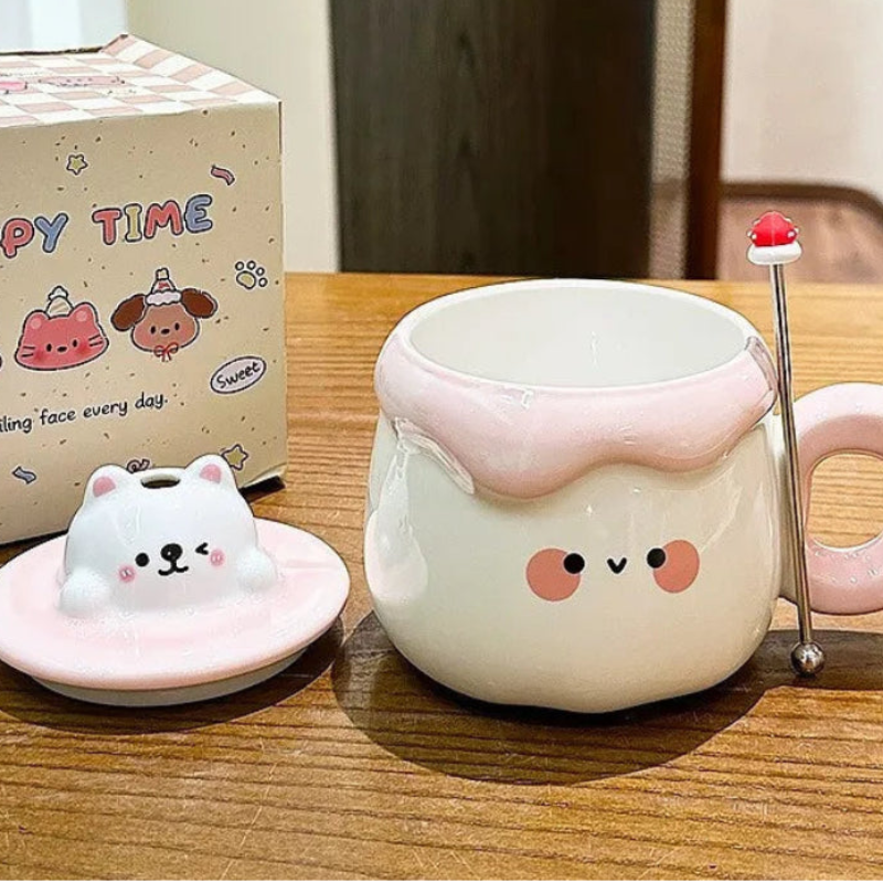 Kawaii Animal Pudding Ceramic Mug on a countertop with lid and spoon.