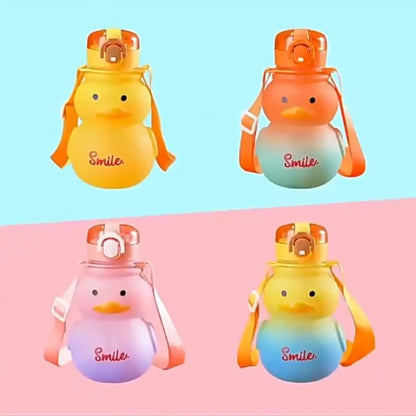 Four colorful duck-shaped water bottles with 'Smile' text on a pink and blue gradient background.