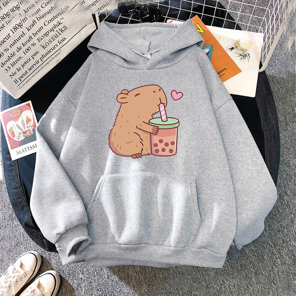 Kawaii Grey Capybara Loves Boba Tea Hoodie