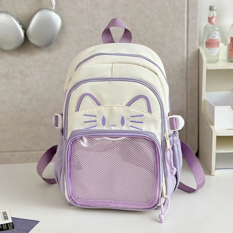 purple neko backpack displayed a white wall