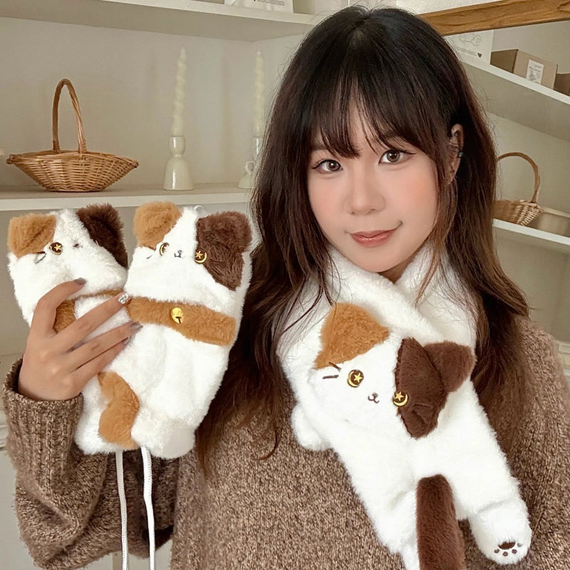 Woman holding Kawaii Cat Scarf & Gloves set