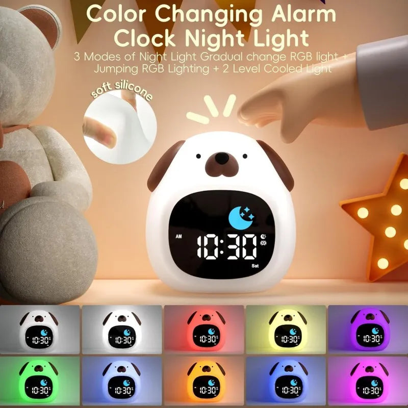 Front view of Kawaii Cute Puppy Night Light Alarm Clock in white showcasing the color changing alarm night light 