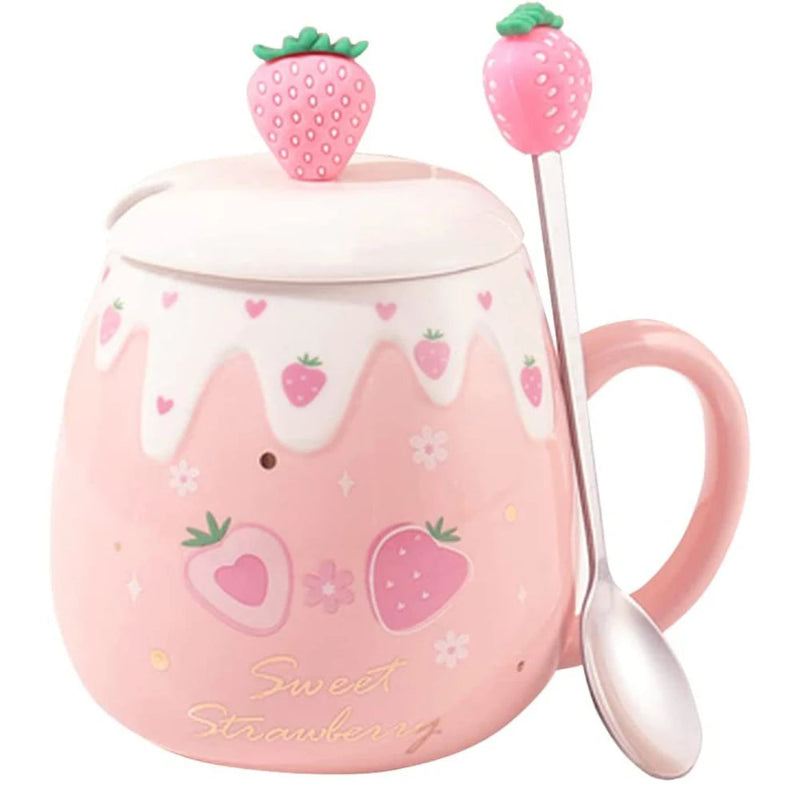 Kawaii Pink Strawberry Mug Set on a countertop  