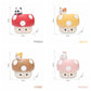 Four cute mushroom-shaped planters with animal characters on top, each labeled with a different animal name and size measurements.
