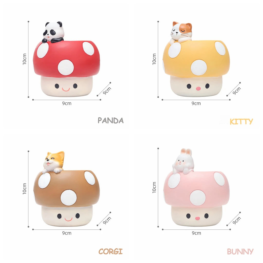 Four cute mushroom-shaped planters with animal characters on top, each labeled with a different animal name and size measurements.