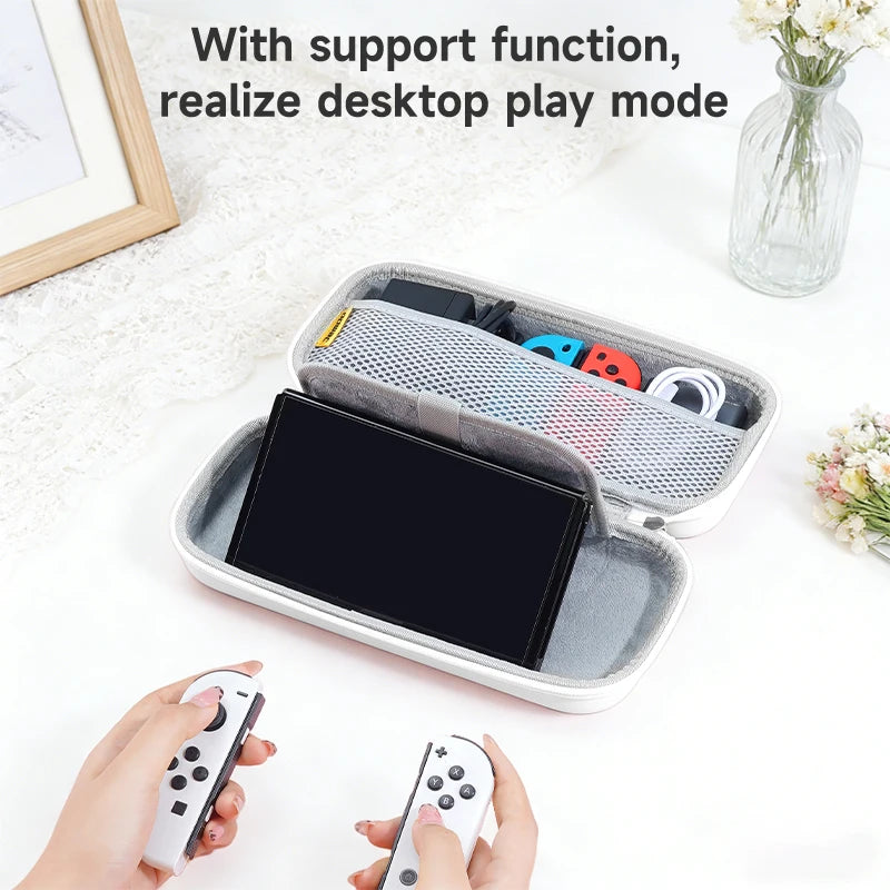 This image is displaying that the Cute Pink Bows Switch Case can be used as a stand to hold up your switch when gaming on a flat surface.