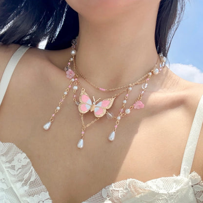 Butterfly Imitation Pearl Multi-Layer Necklace