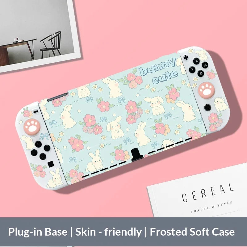 Phone case with bunny and flower pattern on a pink background