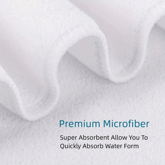 Close-up of premium microfiber fabric with text highlighting absorbency.