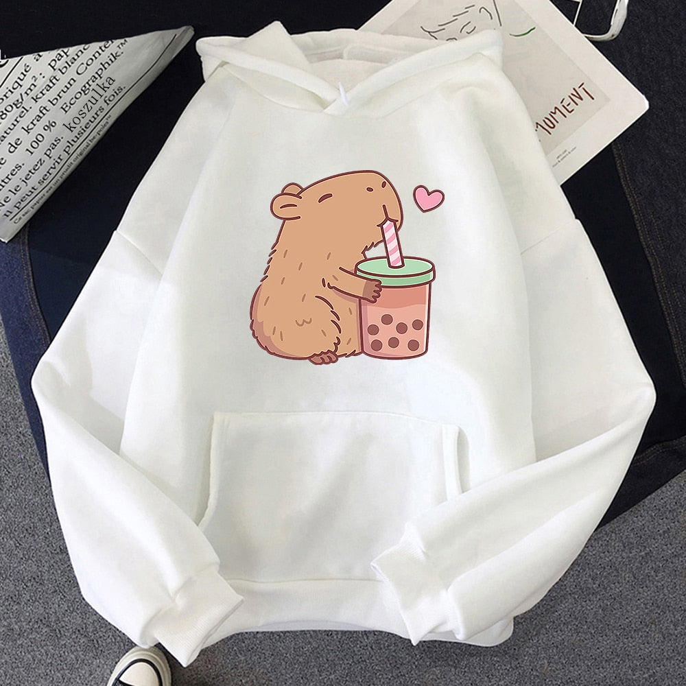 Kawaii White Capybara Loves Boba Tea Hoodie