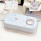 Cute cartoon-themed pencil case with measurements on a white background
