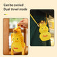 Yellow duck-shaped water bottle with a strap, shown in dual travel mode.