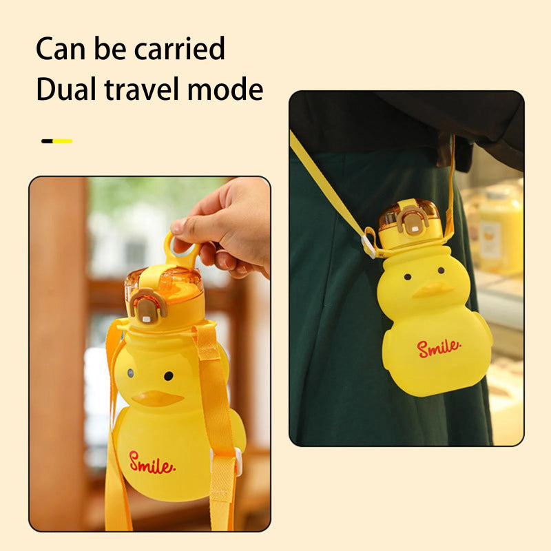 Yellow duck-shaped water bottle with a strap, shown in dual travel mode.