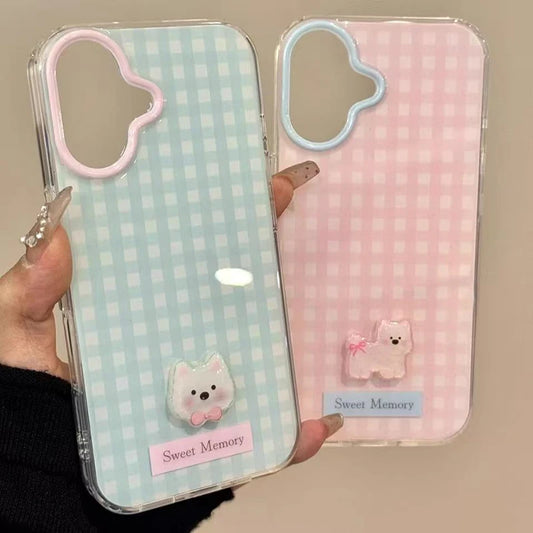 Two phone cases with checkered patterns and cute dog designs, labeled 'Sweet Memory'.
