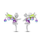 Fairy-themed earrings with green wings and purple bodies on a white background