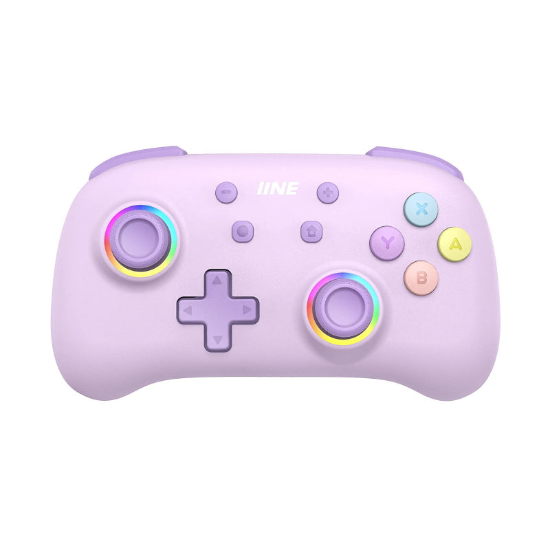 Pastel purple gaming controller with colorful buttons on a white background