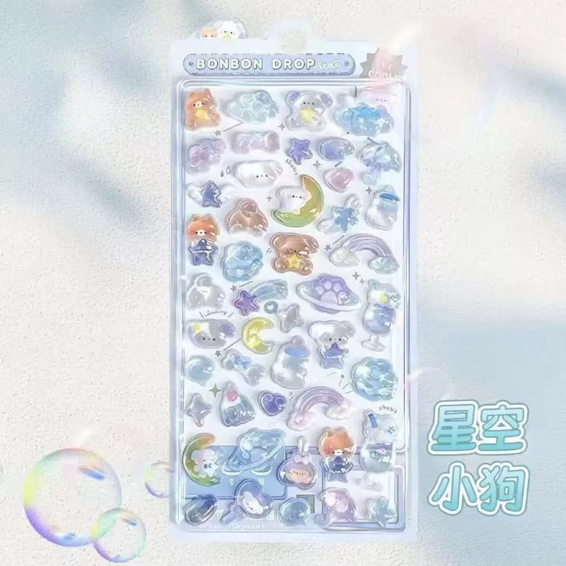 Transparent sheet with cute cartoon characters and designs on a light blue background