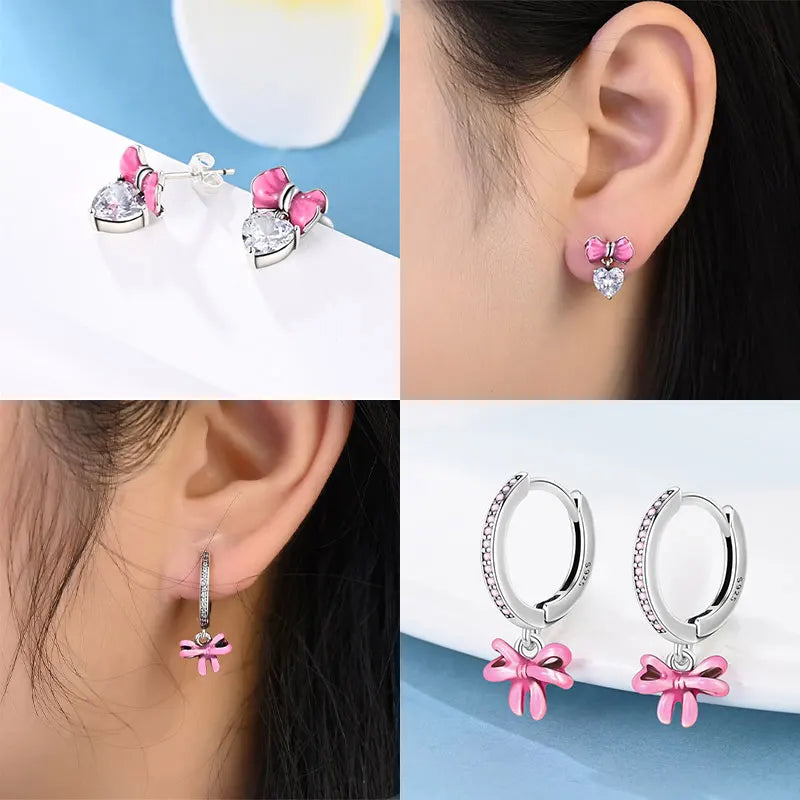 Collage of pink bow earrings with heart and crystal details on a white background.