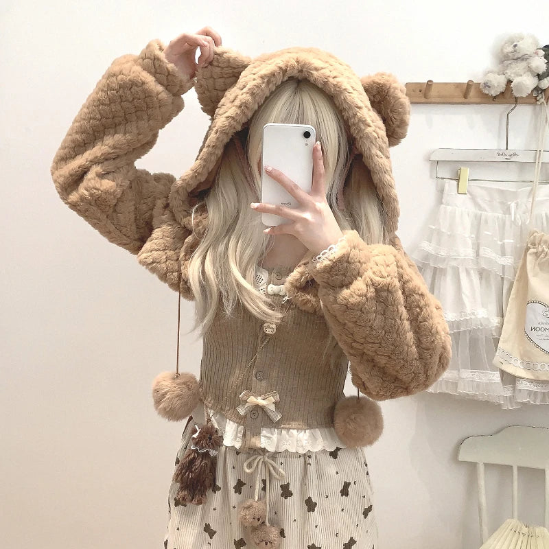 Bunny Bear Cropped Hooded Cardigans Kore Kawaii