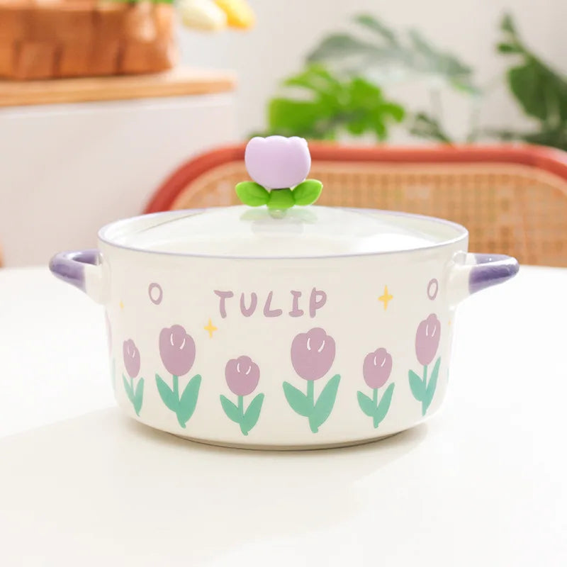 Kawaii purple Flower Ramen Bowl Set with glass lid sitting on countertop