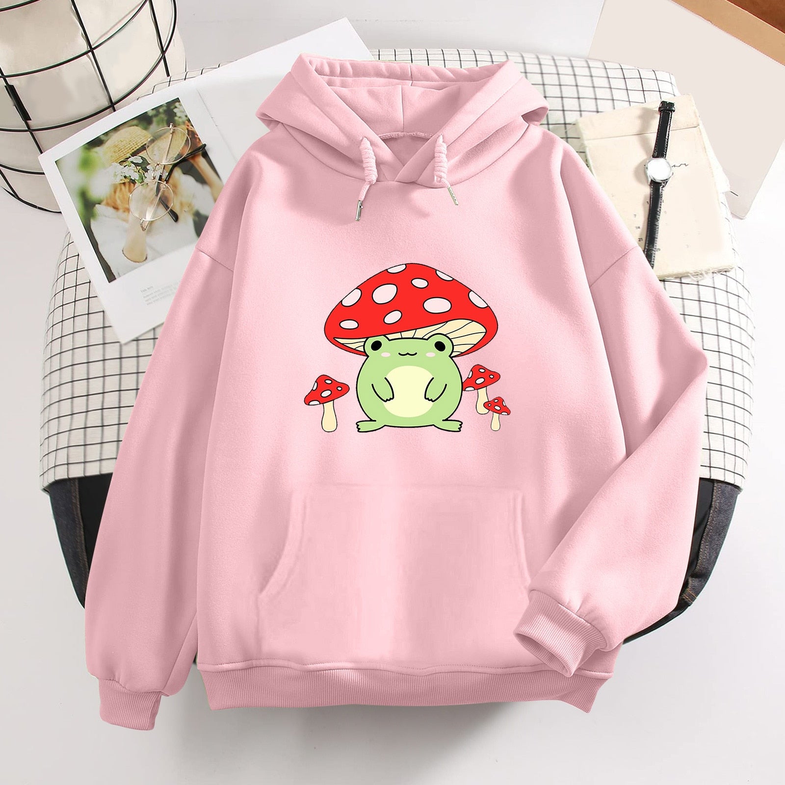 Kawaii Pink Mushroom Frog Hoodie