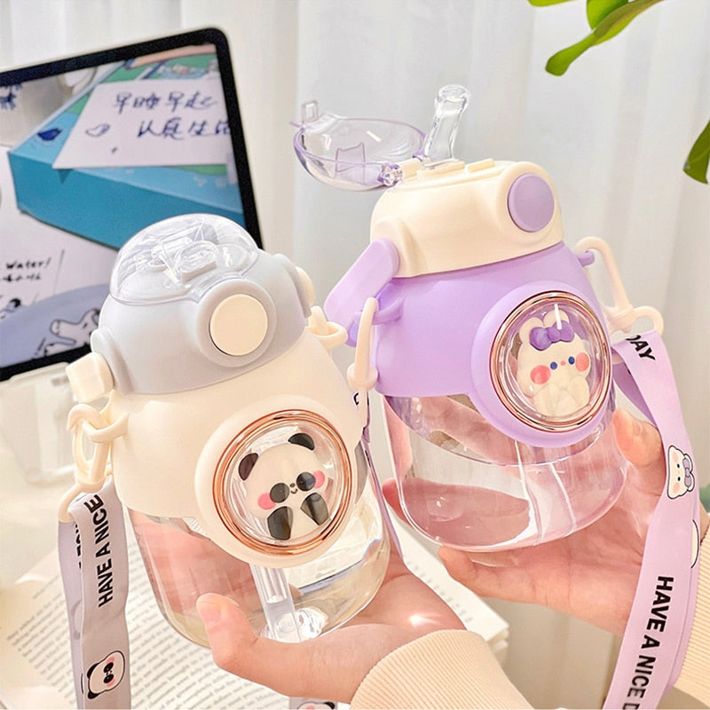 Kawaii Animal Water Bottles With Lid and Straw