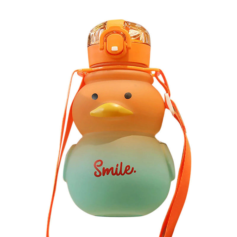 duck-shaped water bottle with a smiley face and 'Smile.' text on a white background