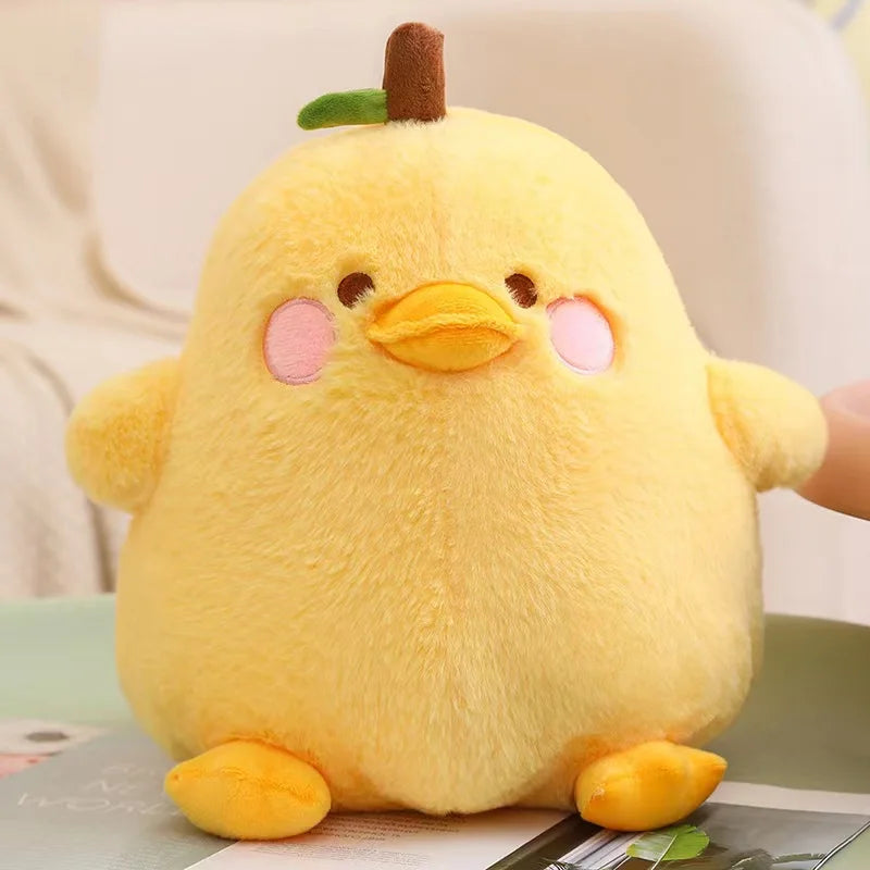 Front view of Kawaii  Cute Duck Peak Plushie in yellow on a sitting area  