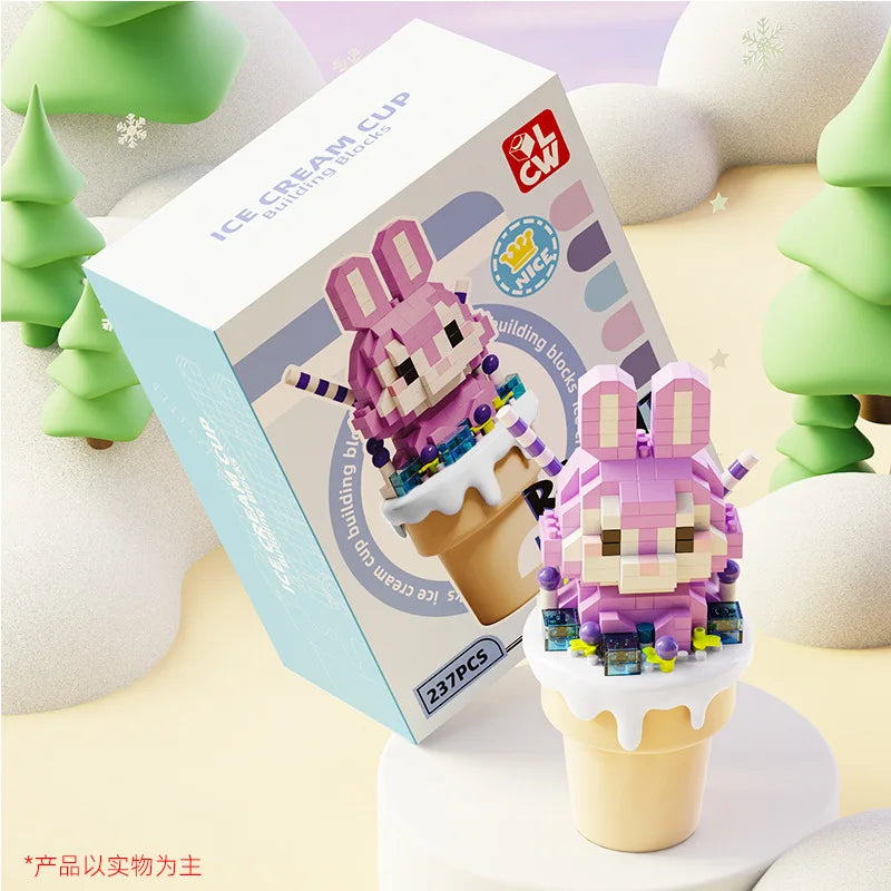 kawaii ice cream building block purple rabbit edition displayed on a snowy background along side its box