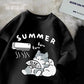 Black t shirt with a cat graphic and 'Summer fu~' text on a textured surface.