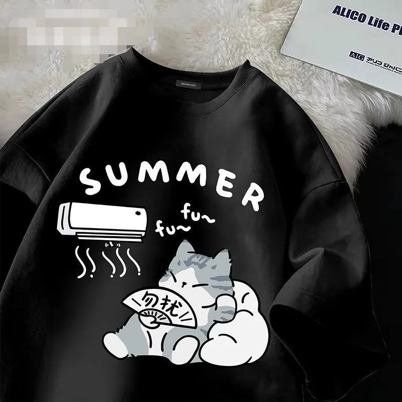 Black t shirt with a cat graphic and 'Summer fu~' text on a textured surface.