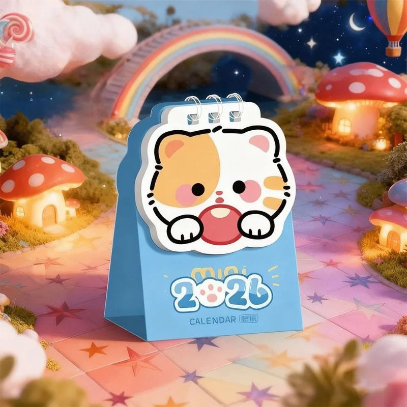 Calendar with a cartoon cat design on a whimsical, colorful background with mushrooms and a rainbow.