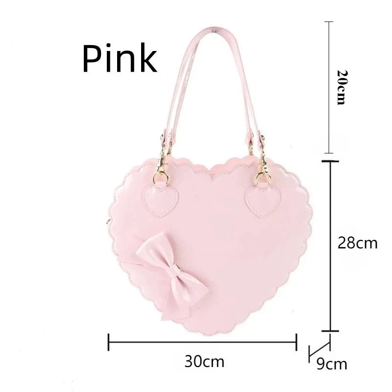 Heart-shaped pink bag with measurements on a white background