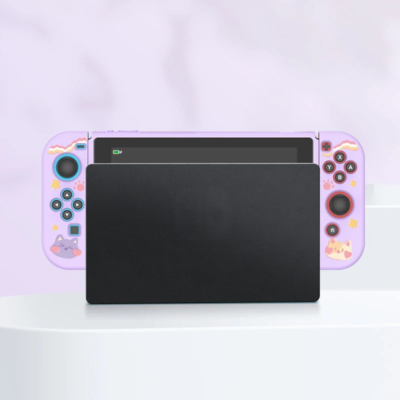 Gaming console with pink and purple design on a white background