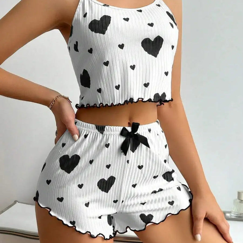 Kawaii Sweet Heart Pajama Top & Shorts set black front view 