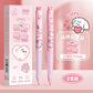Two pink pens with cartoon designs and packaging on a pink background