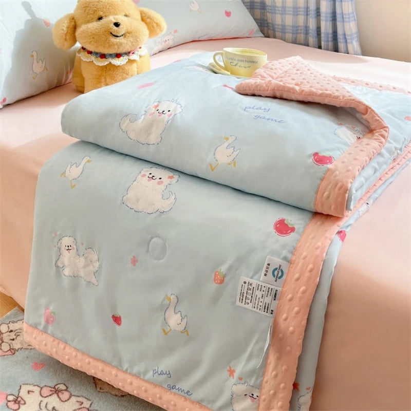 Kawaii Spring Quilts, the set being shown is the Cute Dog and Goose Design, displayed half open on a bed.