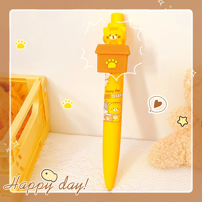 Kawaii Peek-a-Boo Cat Pens, positioned in front of a white background, orange version