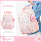 Cutesy pink backpack with star and pom-pom details, worn by a person.