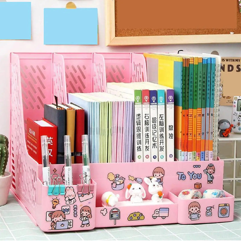 Pink stationery organizer with books and stationery items on a tiled floor.