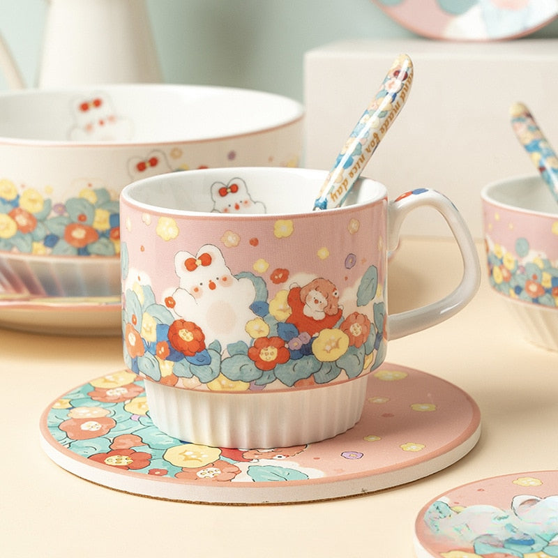 Cute Flower Bunny Ceramic Cups