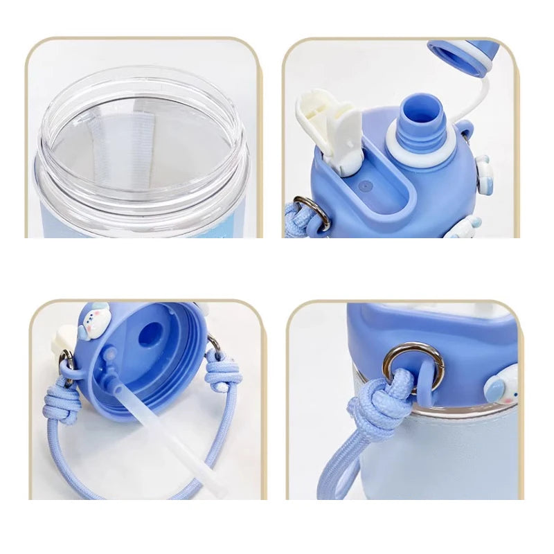  cute water bottle showing how to be used and that it includes a straw.