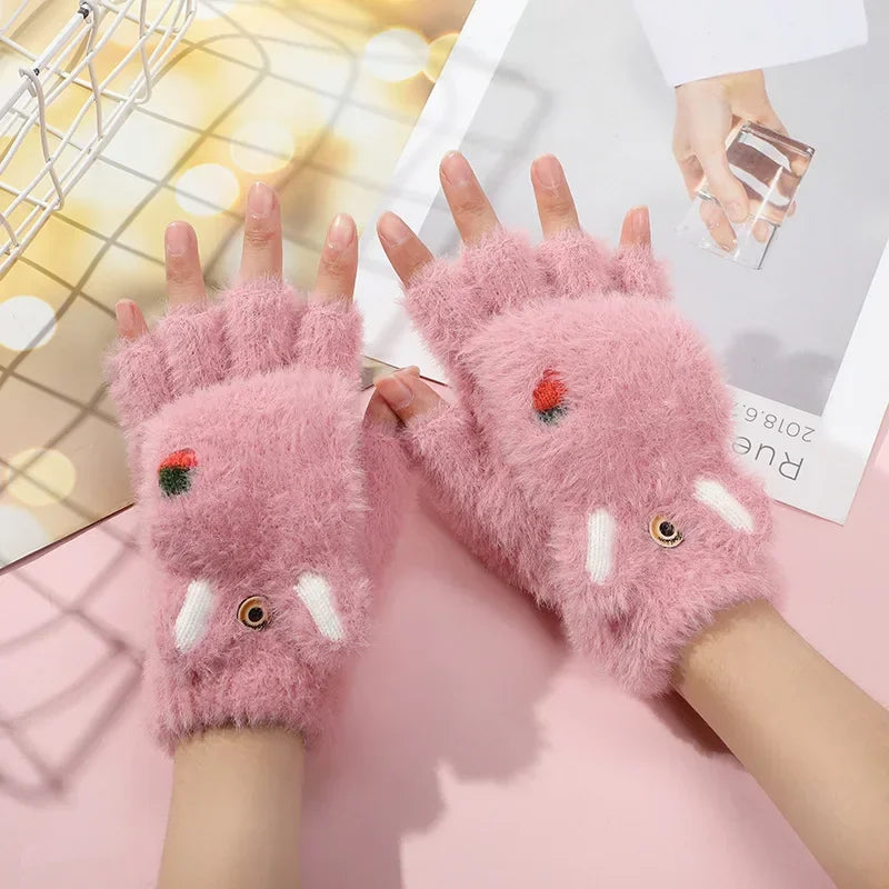 Kawaii Plush Bunny Mittens in Pink