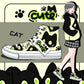 High-top sneakers with cat design and 'cute' text, worn by a character in a school uniform.
