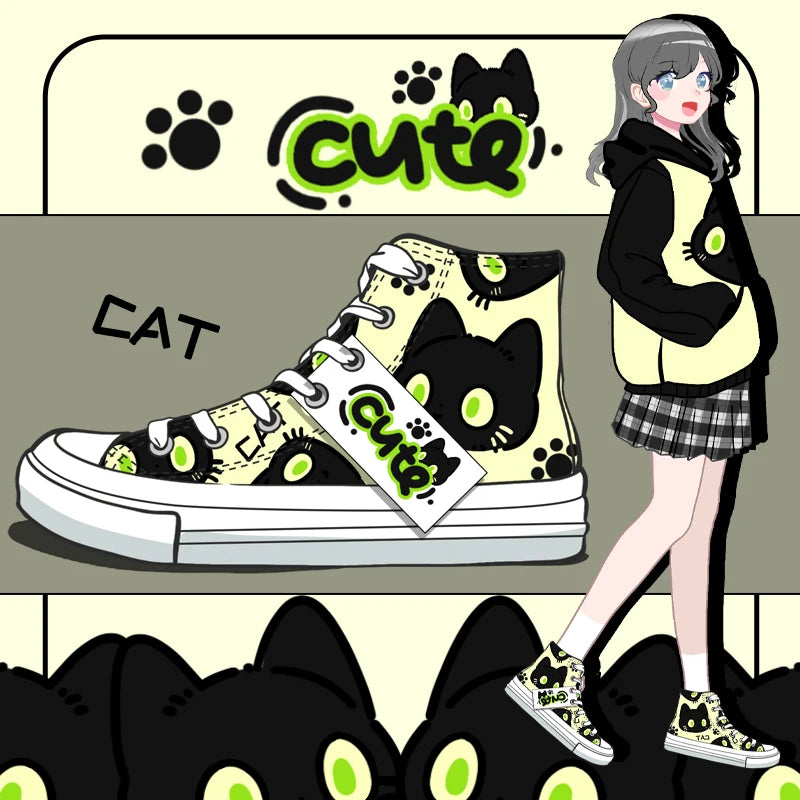 High-top sneakers with cat design and 'cute' text, worn by a character in a school uniform.
