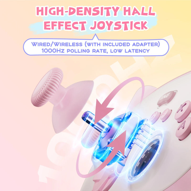 Pink joystick with high-density hall effect technology on a pastel background
