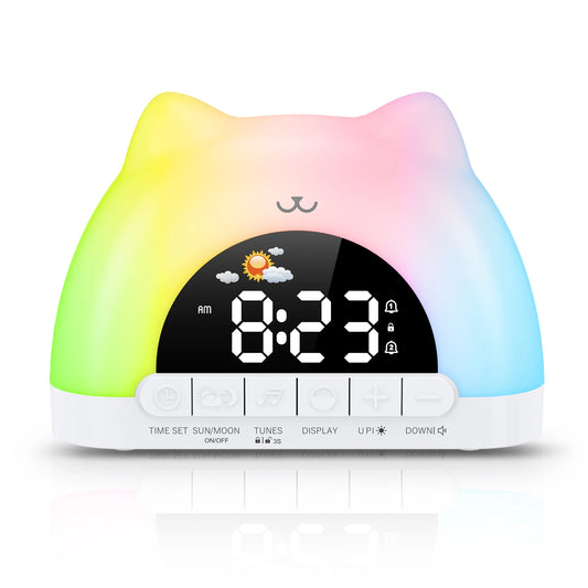 Colorful cat-shaped alarm clock with digital display on a white background