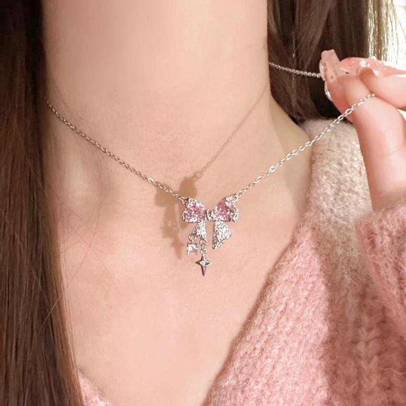 Model Wearing Kawaii Pink Bow Pendant Necklace